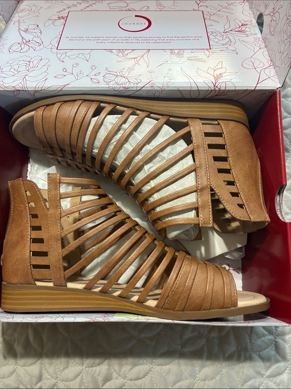 Journee Collection Tan Cage-Strap Low Wedge Sandals